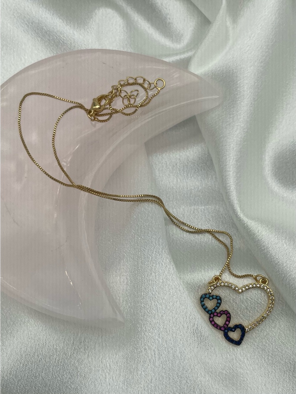 Gold Heart Pendant Necklace with Multicolor Gem Hearts - Picture 2 of 2